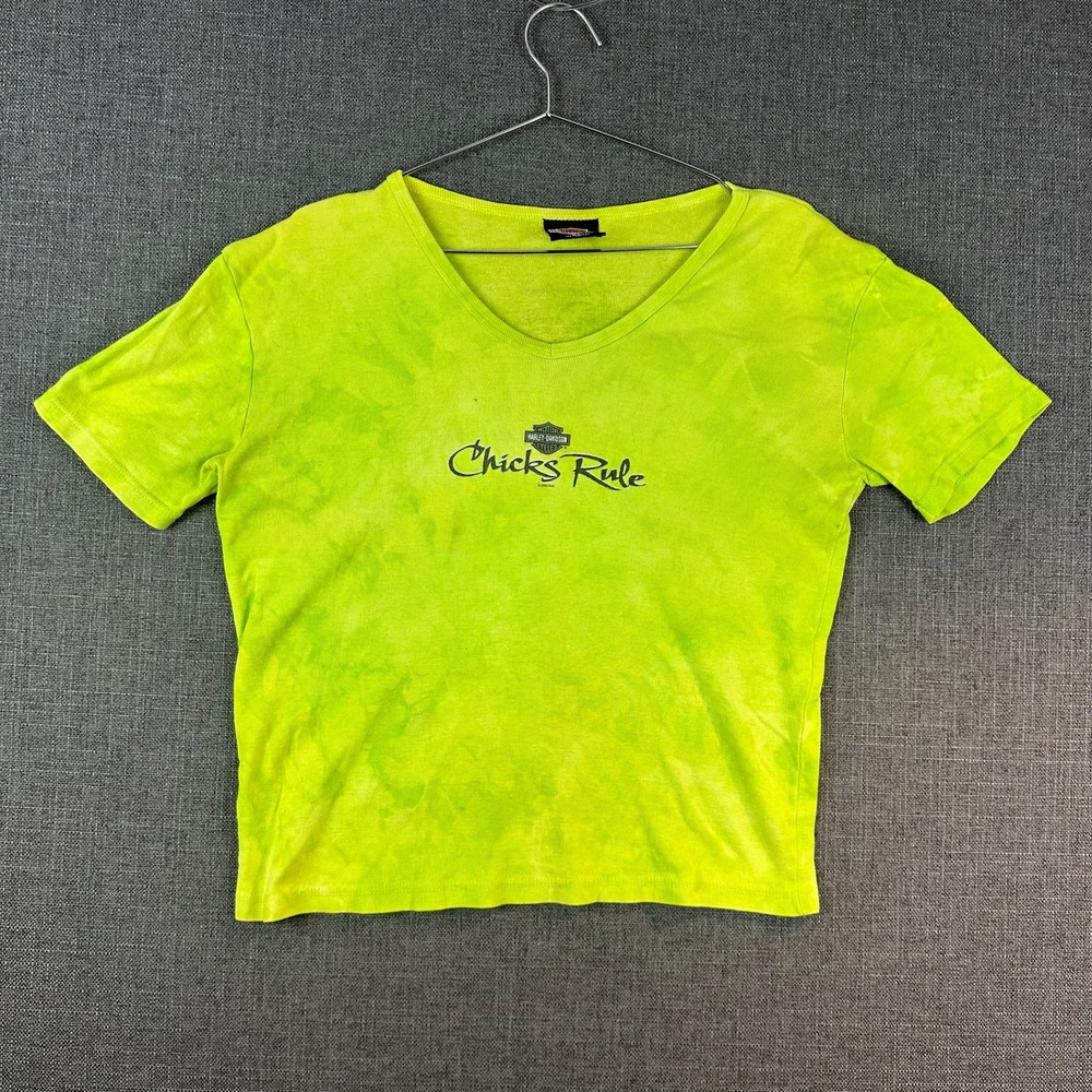 Harley‎ Davidson Chicks Rule Neon Green Tie Dye V Neck Short Sleeve T Shirt XL